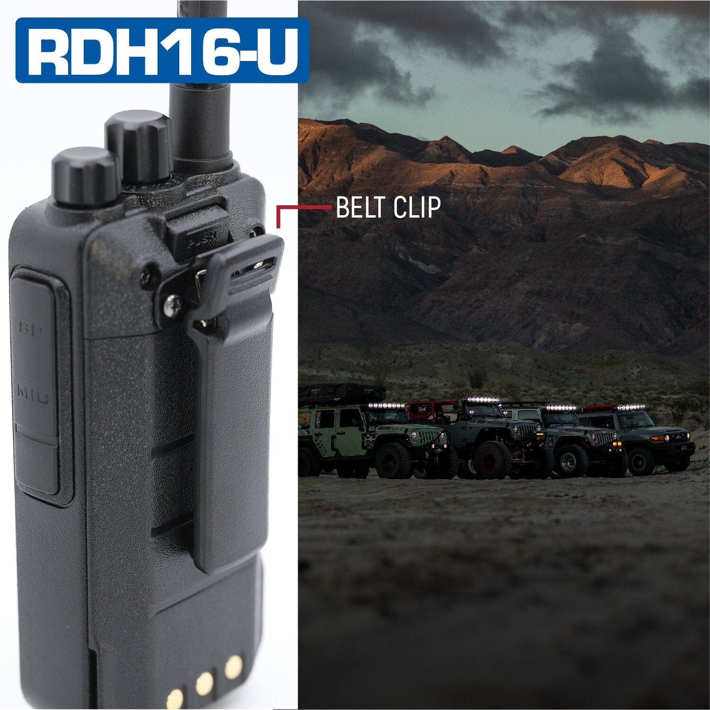 RDH16 digital handheld radio with rugged belt clip and tether loop